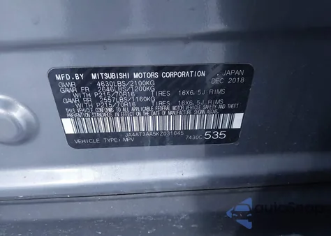 2019 Mitsubishi Eclipse Cross Es z USA, uszkodzony, nr VIN JA4AT3AA5KZ031645